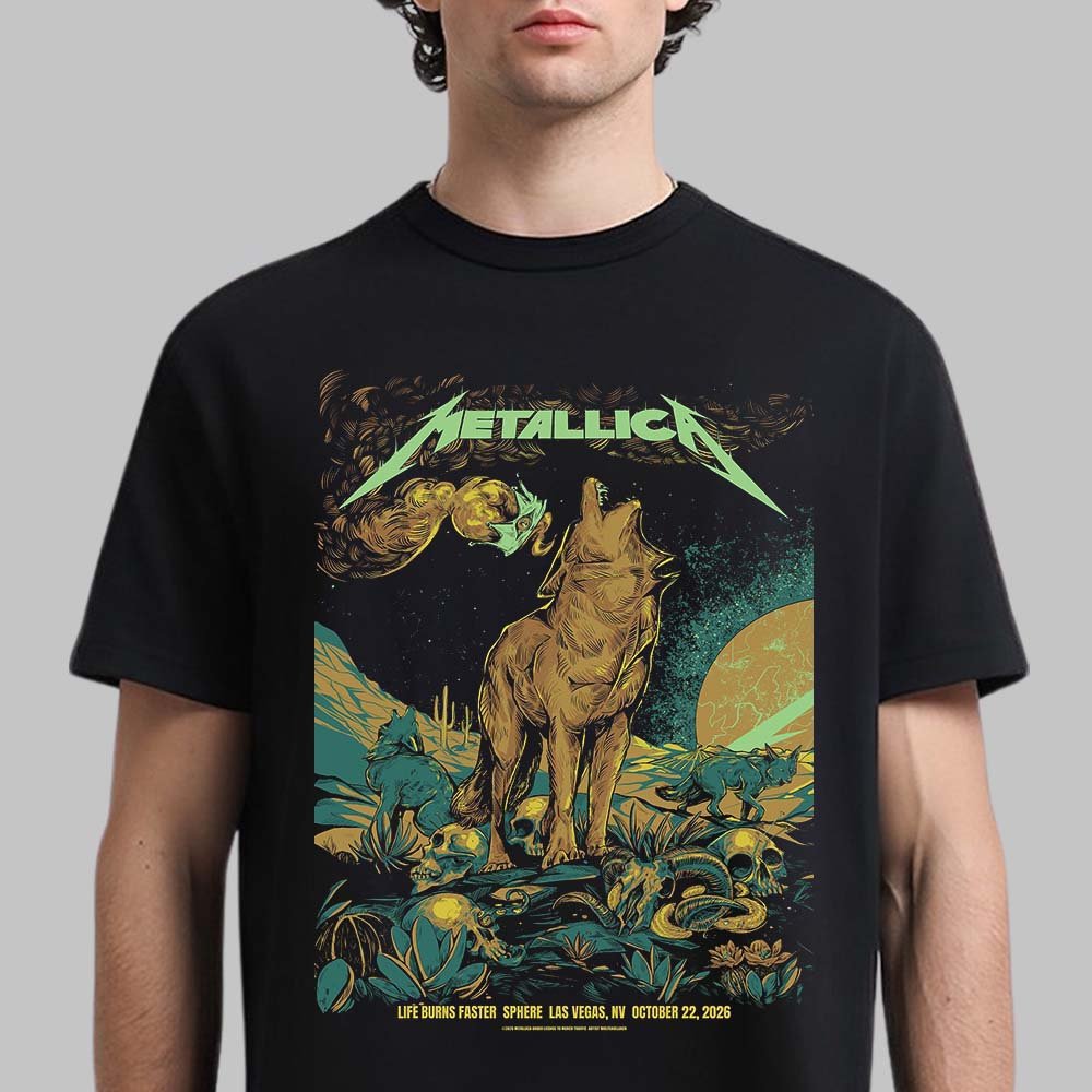 Metallica Mech Life Burns Faster Sphere Las Vegas Poster Graphic T-Shirt Metallica Clothing