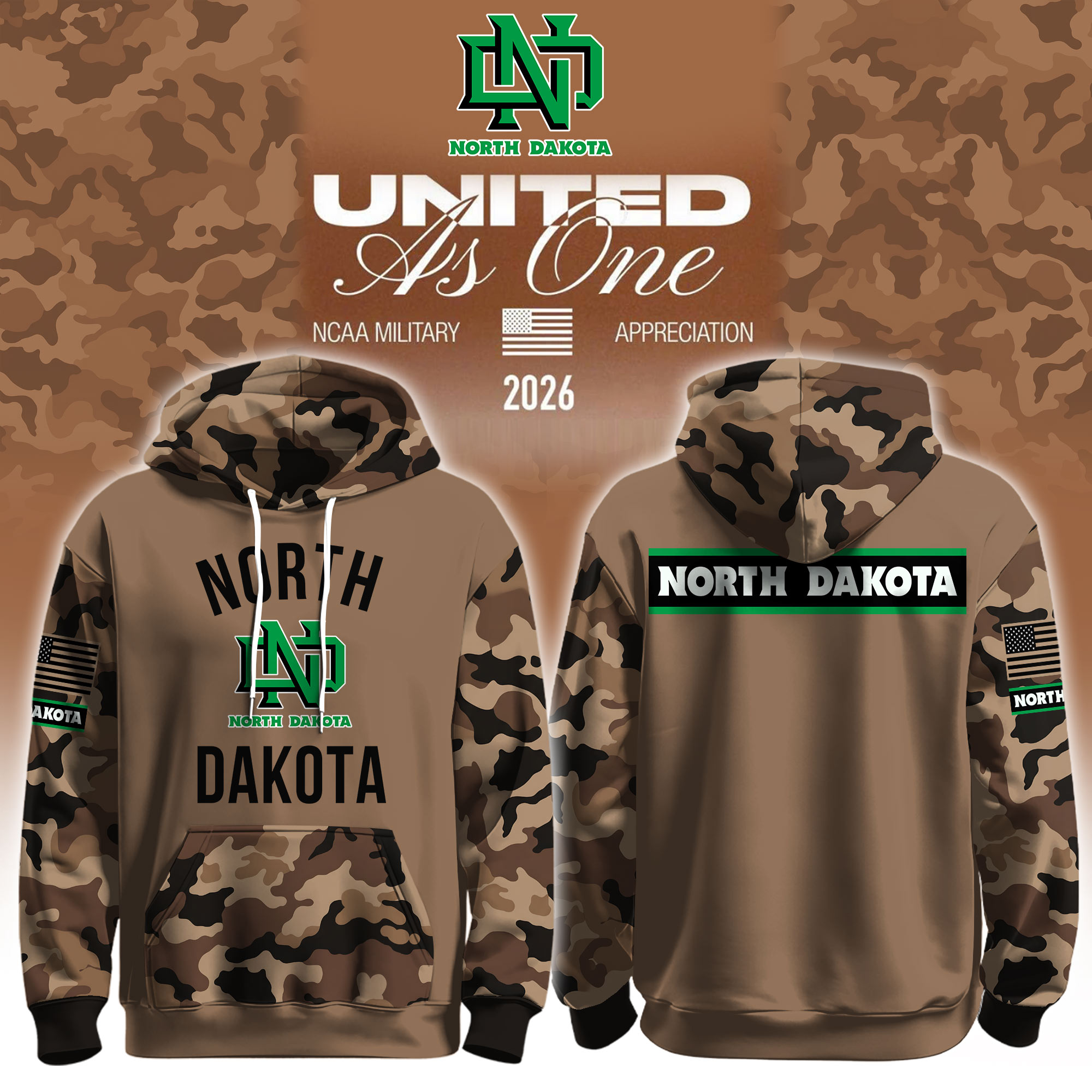 North Dakota Fighting Hawks X 2026 Military Appreciation Hoodie North Dakota Fighting Hawks Gear