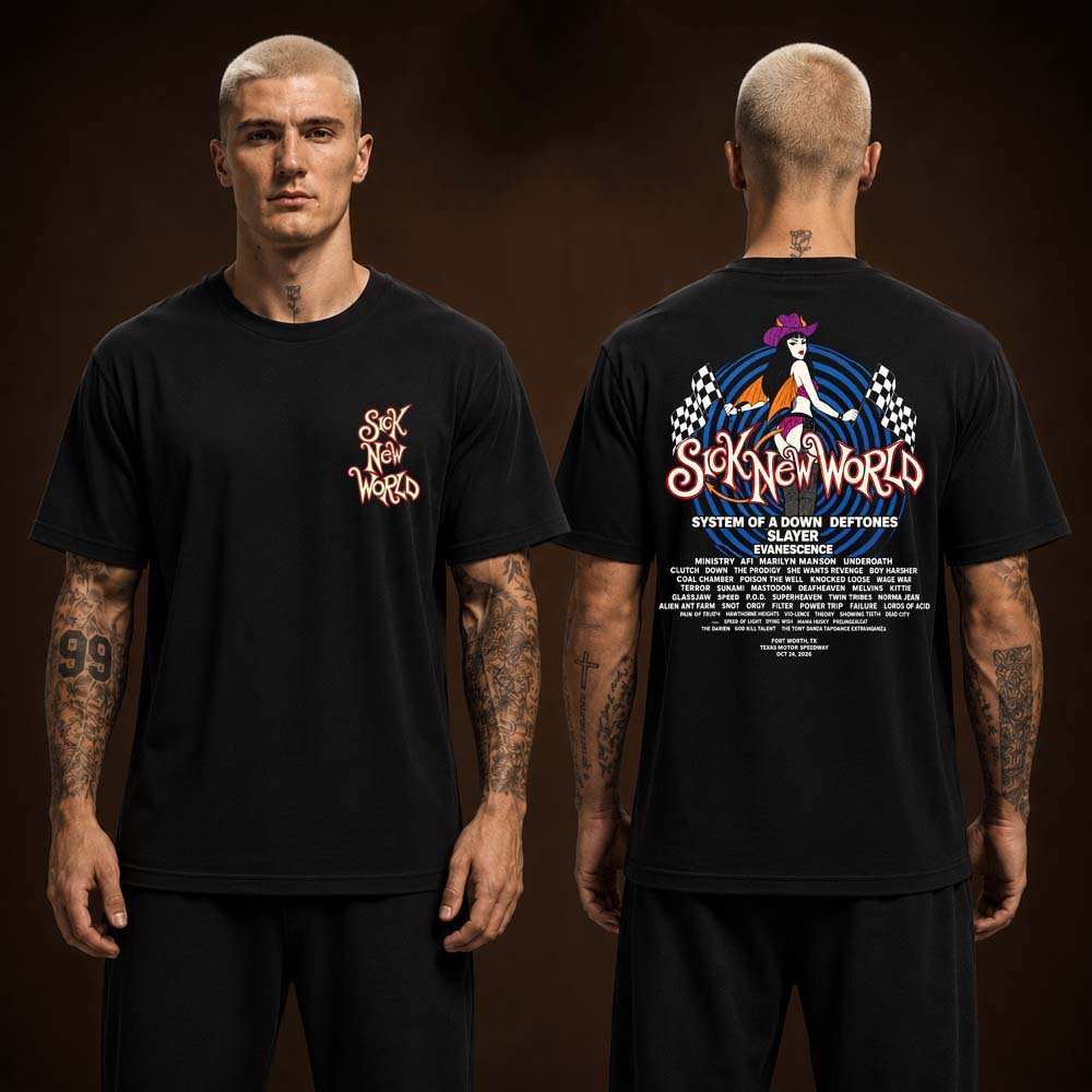 Sick New World Frot Worth TX 2026 Black T-Shirt Sick New World Clothing Presents For Music Lover