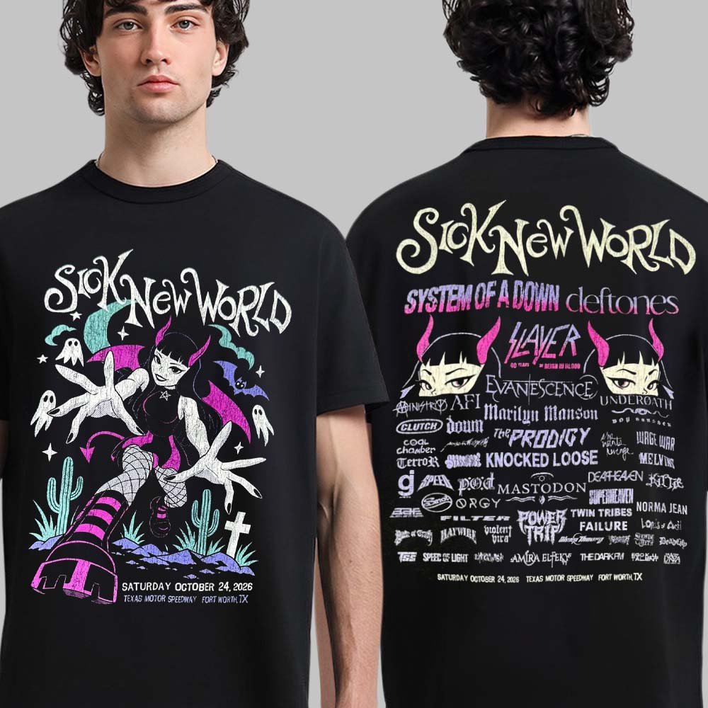 Sick New World Texas 2026 Festival Merch Purple Devil Girl Lineup T-Shirt Sick New World Festival Apparel