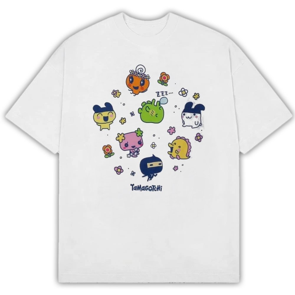 Tamagotchi Group Doodle Graphic White T-Shirt Unique Gift For Girlfriend
