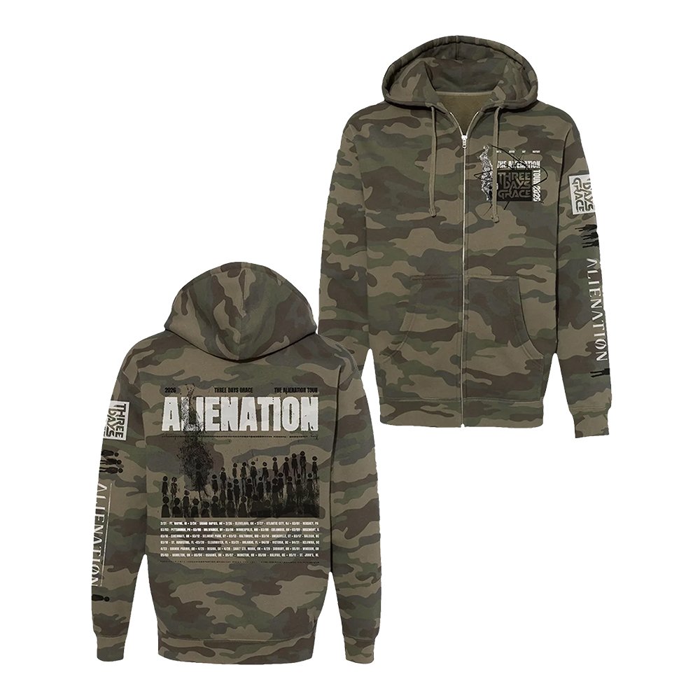 Three Days Grace Merch 2026 Alienation Tour Camo Zip Hoodie Rock Fans Gift