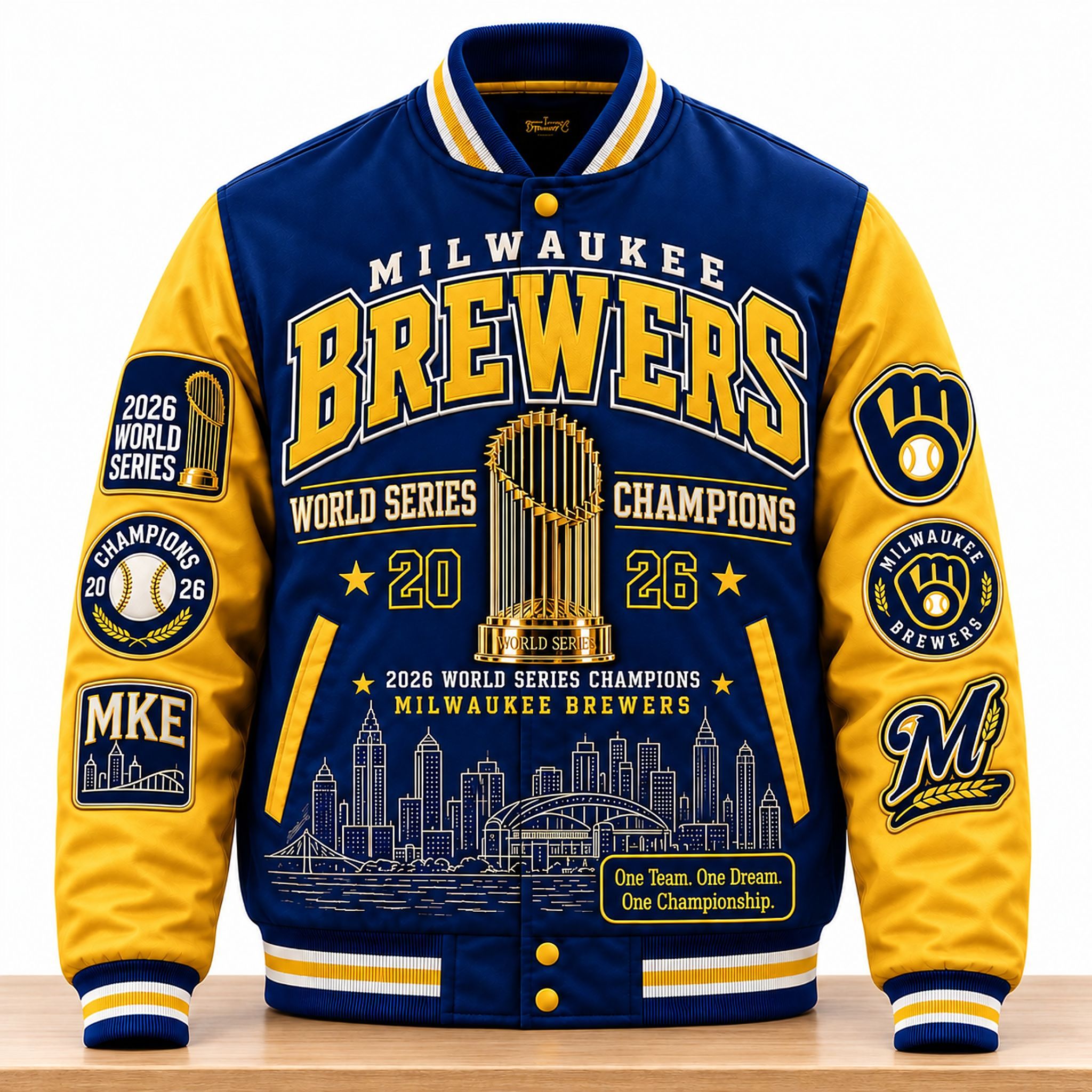 Milwaukee Brewers Merch 2026 World Series Champions One Team One Dream Varsity Jacket
