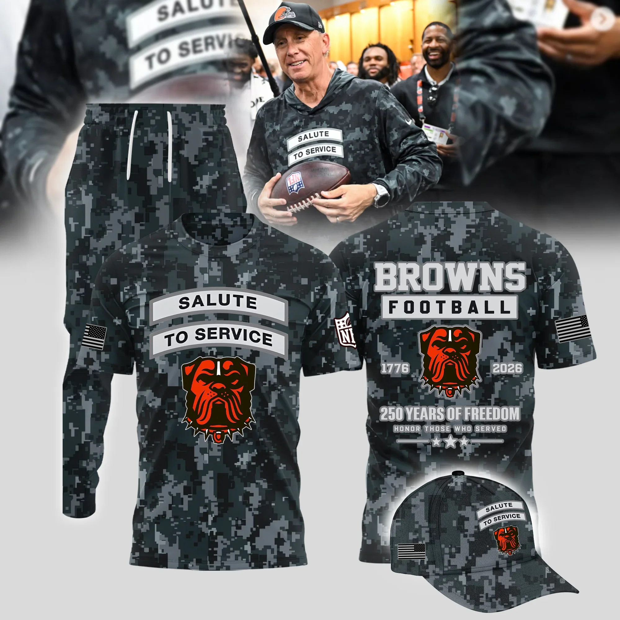 Cleveland Browns Merch Salute To Service Camo Football T-Shirt Cleveland Browns Gear