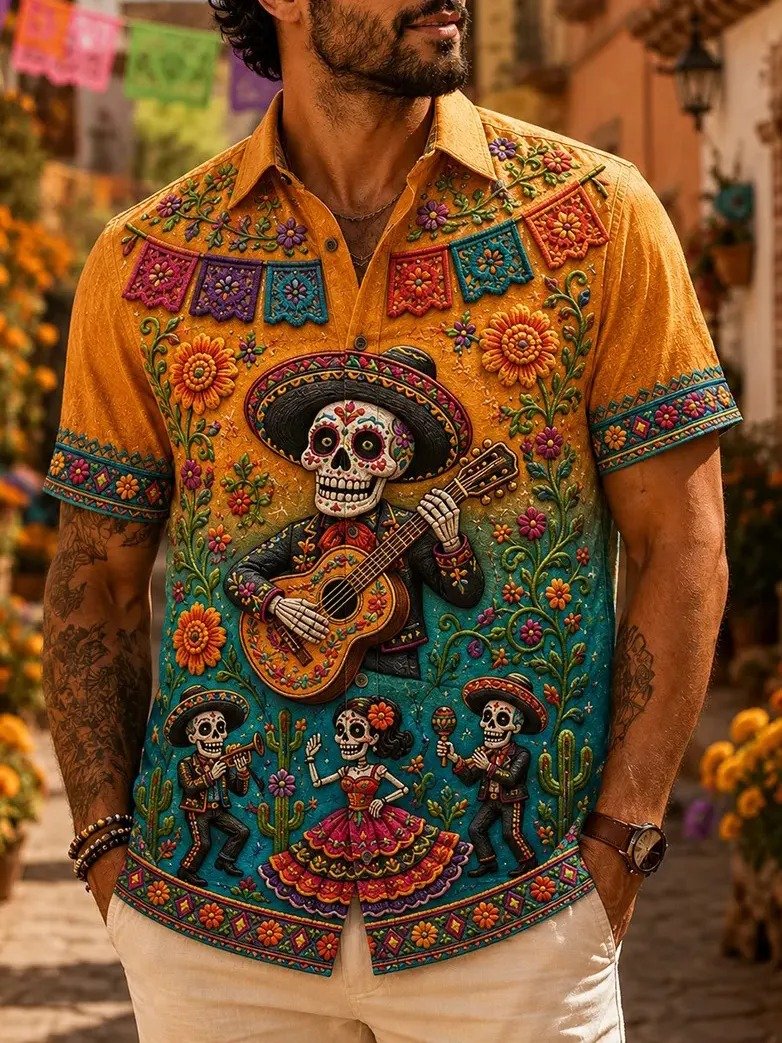 Day Of The Dead Music Skeleton Dancer Cactus Hawaiian Shirt Floral Skull Shirt