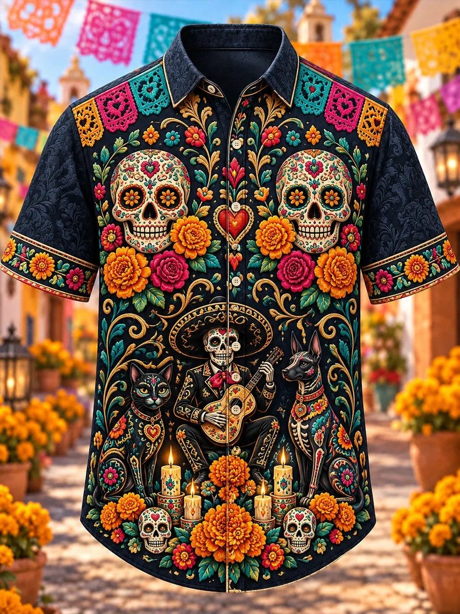 Day Of The Dead Guitar Playing Skeleton Hawaiian Shirt Dia De Muertos Shirt Dad Gift