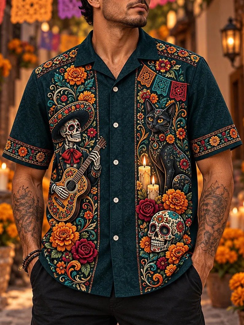 Day Of The Dead Guitar Playing Skeleton Hawaiian Shirt Dia De Los Muertos Outfits