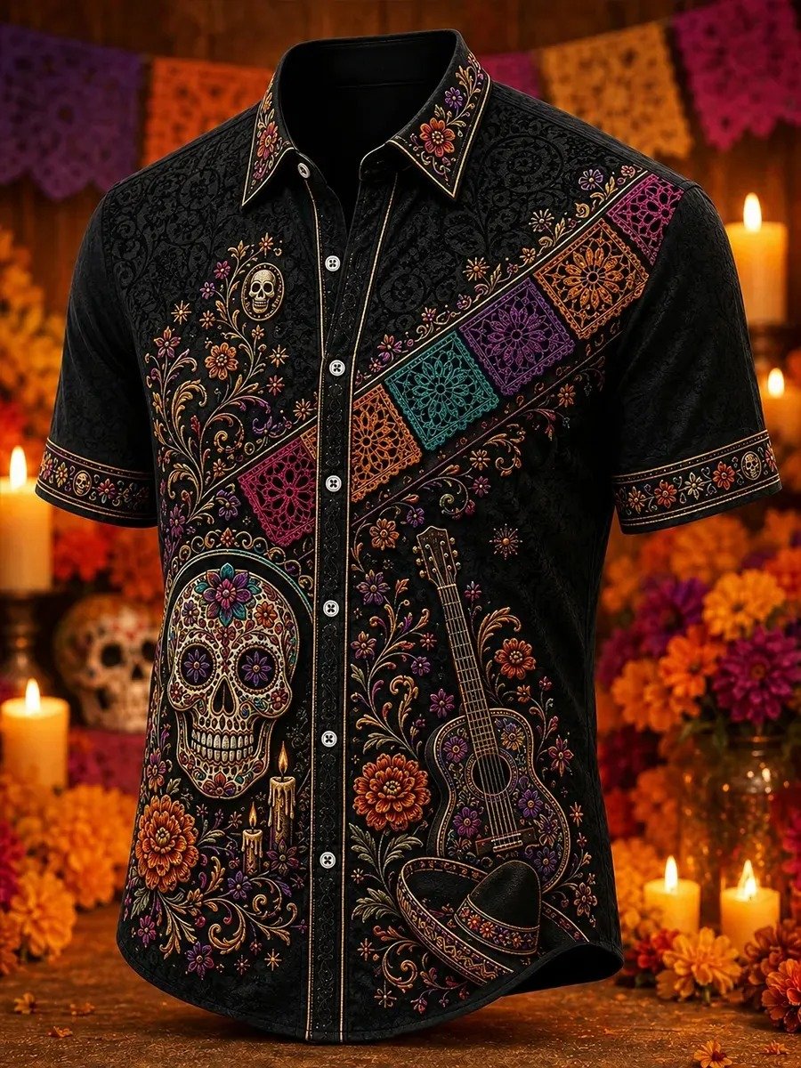 Day Of The Dead Calavera Skull Guitar Colorful Flags Floral Hawaiian Shirt Dad Gift