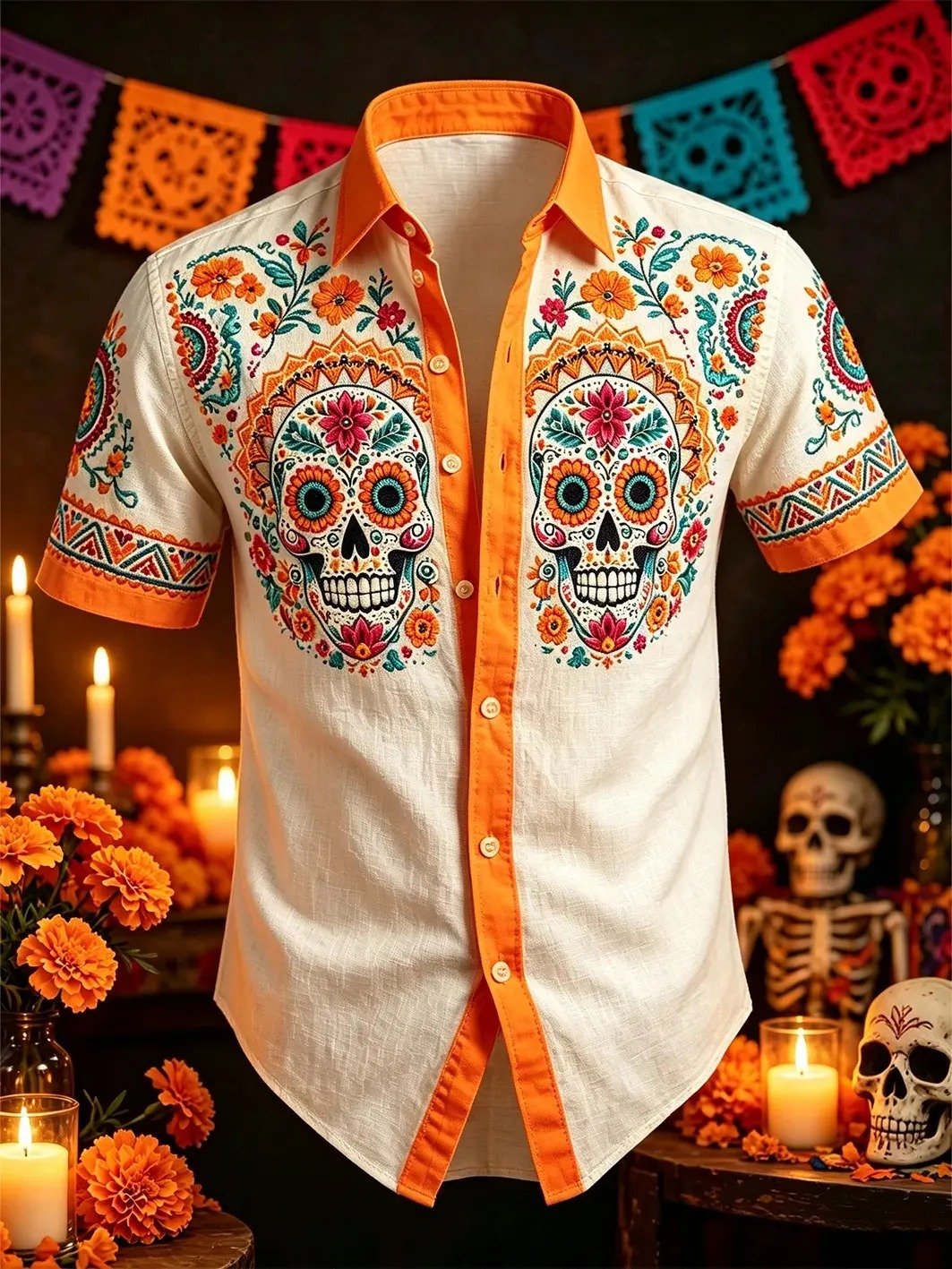Day Of The Dead Twin Skulls Colorful Floral Color Hawaiian Shirt Mexican Folk Art Wear