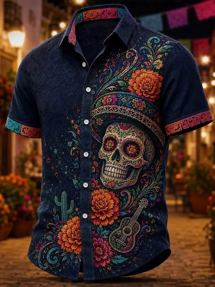 Day Of The Dead Sombrero Guitar Cactus Vibrant Hawaiian Shirt Mexican Holiday Clothes
