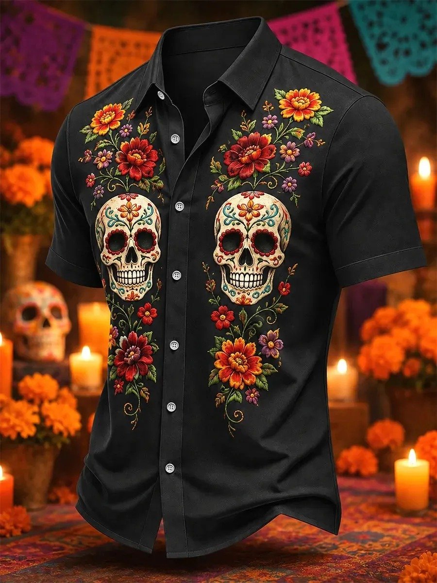 Day Of The Dead Skulls Hawaiian Shirt Mexican Folk Art Design Clothes Him Gift