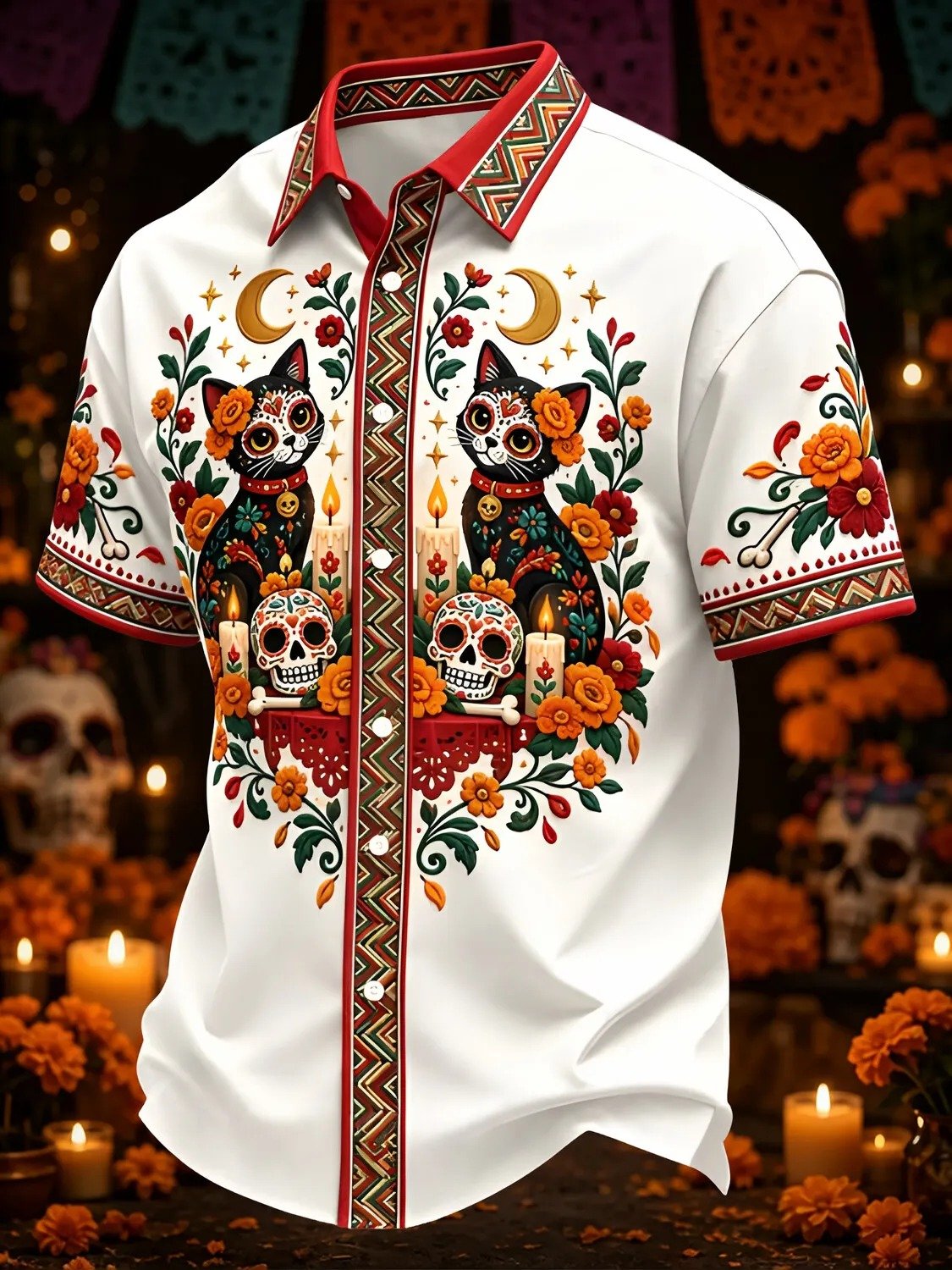 Day Of The Dead Black Cats And Skulls Hawaiian Shirt Dia De Los Muertos Apparel Gift