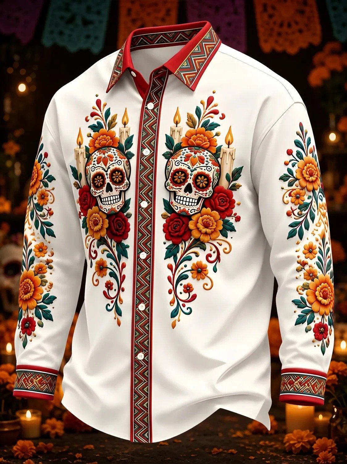 Day Of The Dead Skulls And Roses Button Up Long Sleeve Shirt Colorful Skull Outfits