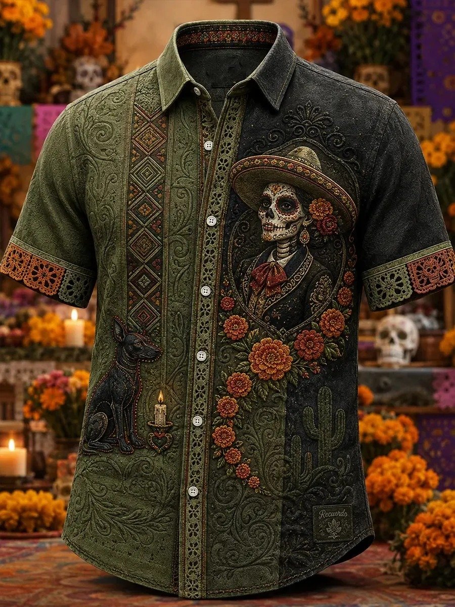 Day Of The Dead Catrina Skeleton Dog Candle Hawaiian Shirt Dia De Muertos Attire