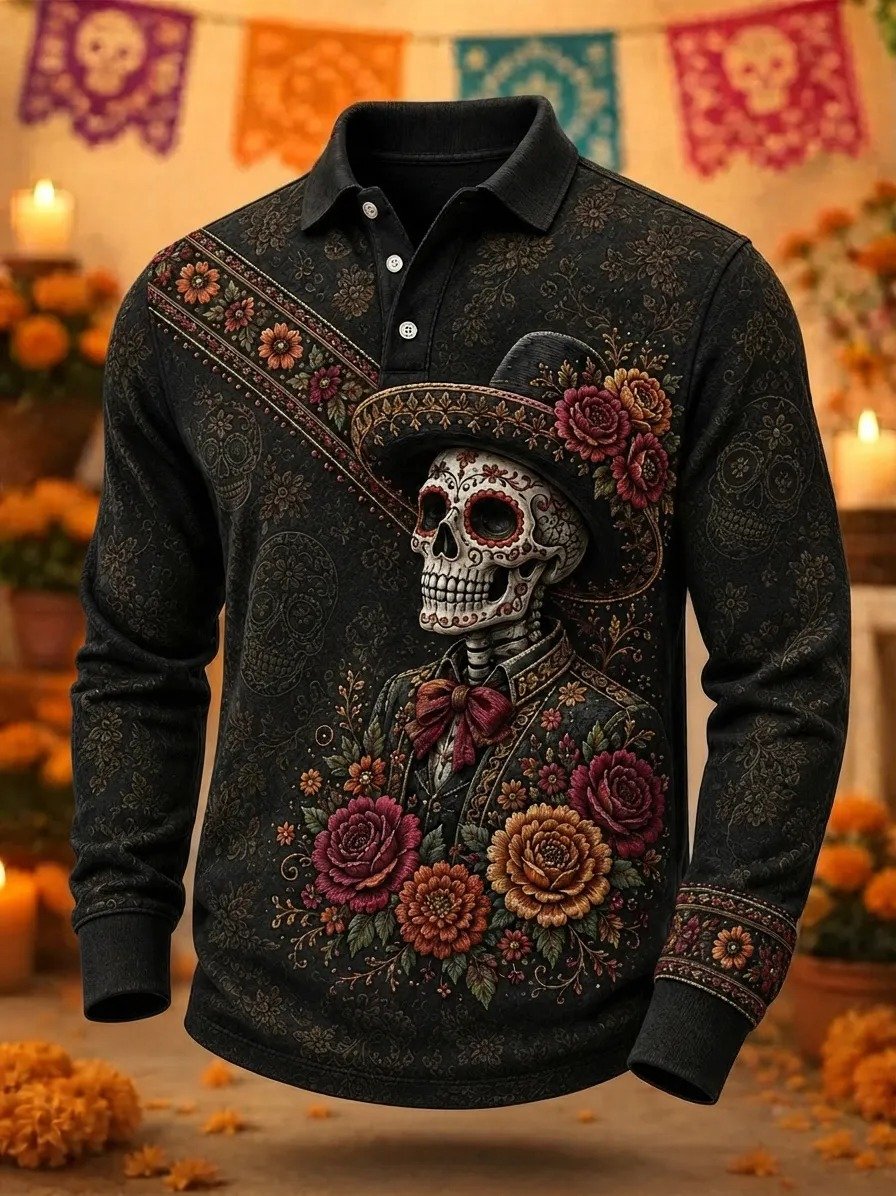 Day Of The Dead Skeleton In Sombrero Long Sleeve Polo Shirt Mexican Folk Art Outfits