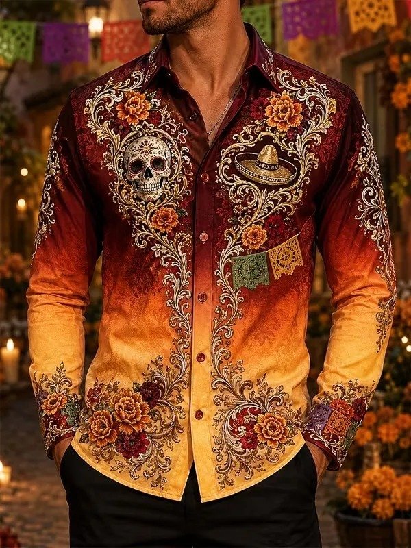 Mexican Day Of The Dead Sugar Skull Button Up Long Sleeve Shirt Mexican Folk Art Wear