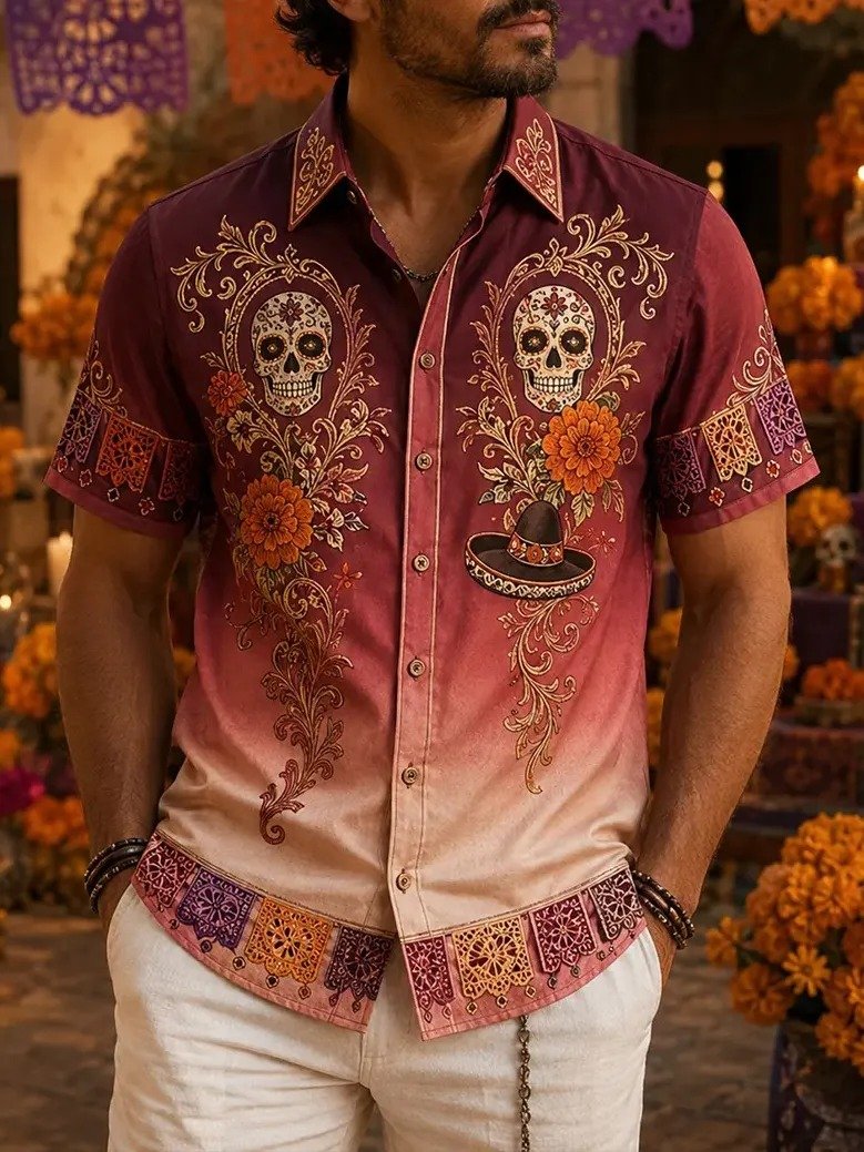 Day Of The Dead Twin Skull Swirling Vine Hawaiian Shirt Sugar Skull Artwork Clothing