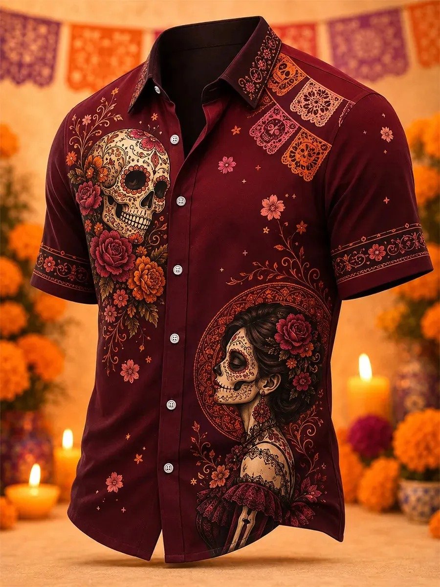 Day Of The Dead Catrina Side���Profile Skull Rose Hawaiian Shirt Mexican Heritage Wear