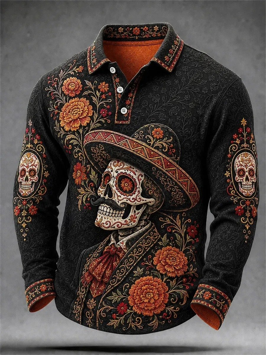 Day Of The Dead Print Long Sleeve Polo Shirt Latin American Culture Gear Him Gifts
