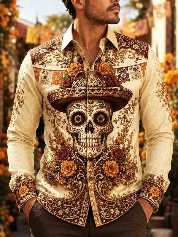 Mexican Day Of The Dead Sugar Skull Floral Button Up Long Sleeve Shirt Sugar Skull Gear