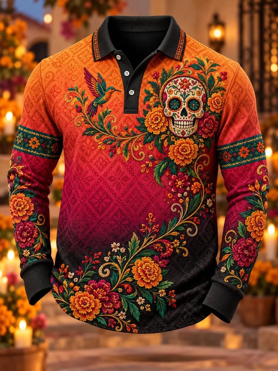 Day Of The Dead Print Long Sleeve Polo Shirt Mexican Folk Art Design Clothes Dad Gift
