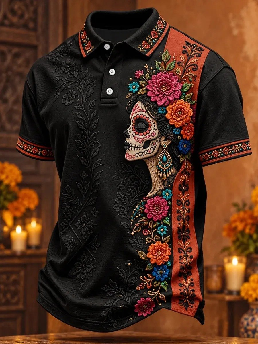 Day Of The Dead Ornate Skull Figure And Colorful Polo Shirt Latin American Culture Gear