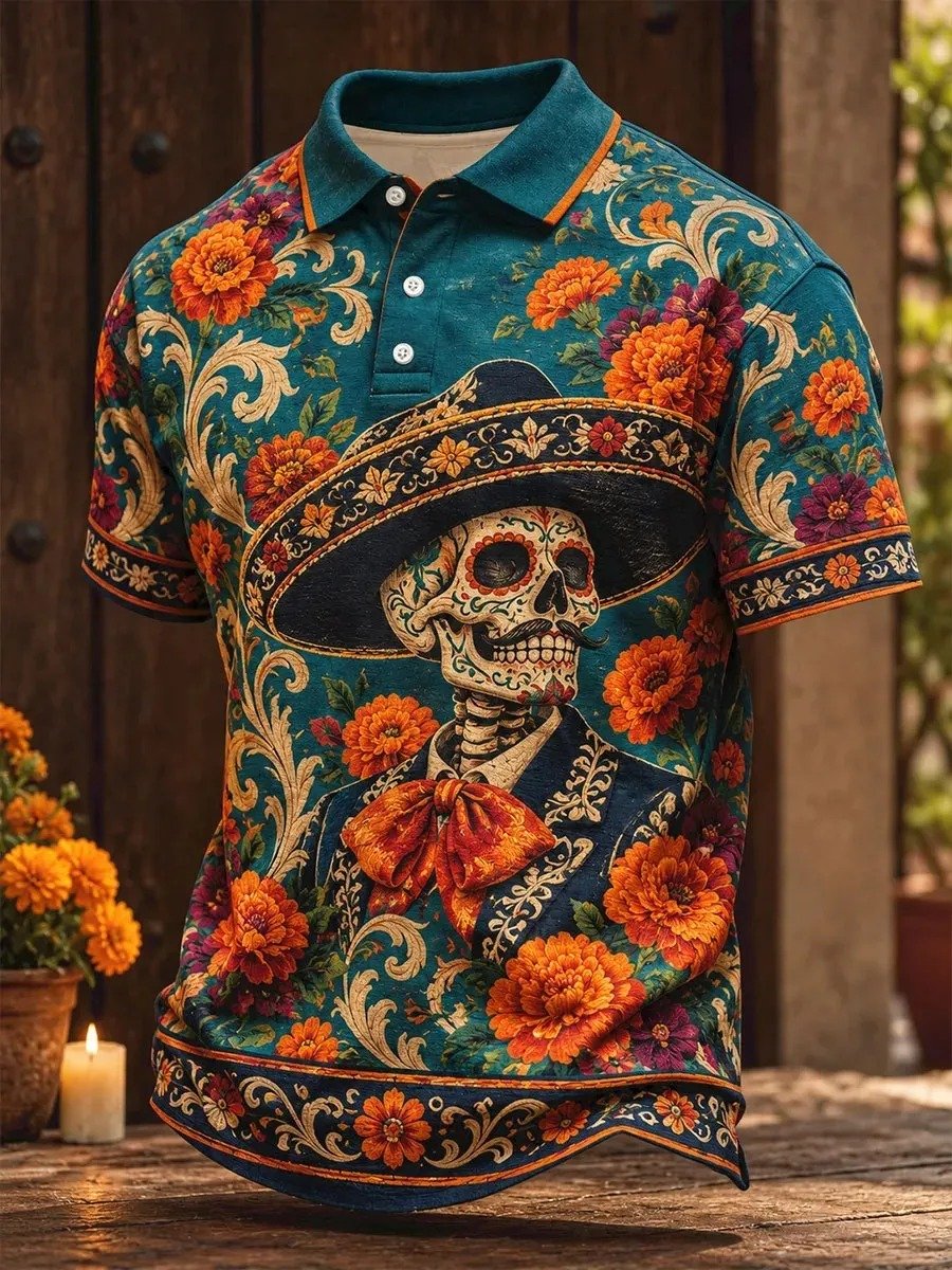 Day Of The Dead Skeleton And Vibrant Marigolds Polo Shirt Sugar Skull Artwork Shirt