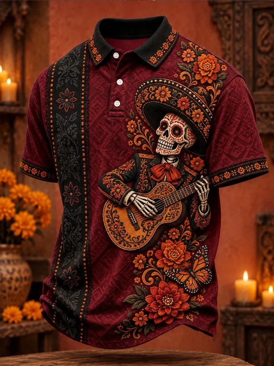 Day Of The Dead Skull Guitarist Flowers Polo Shirt Dia De Los Muertos Apparel Gifts