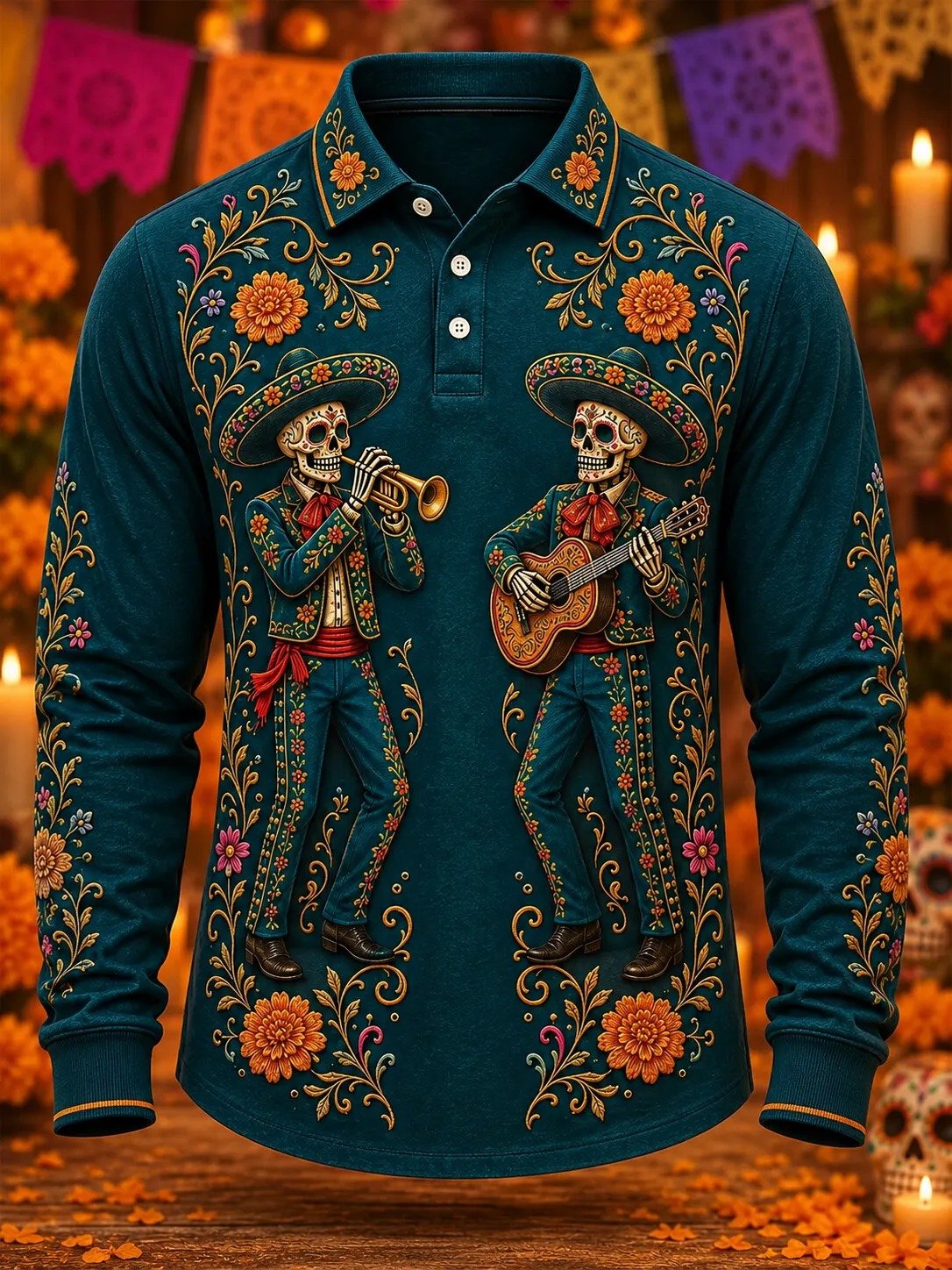 Day Of The Dead Long Sleeve Polo Shirt Skeleton Musicians Playing Clothing Dad Gifts