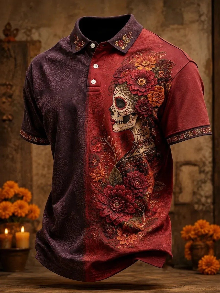 Day Of The Dead Catrina Sugar Skull With Floral Crown Polo Shirt Mexican Festival Shirt