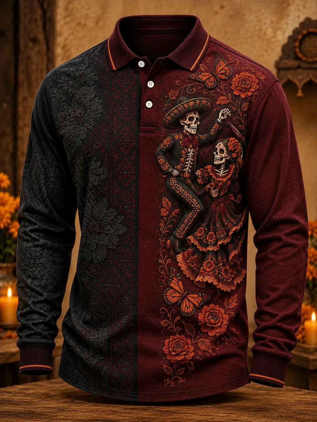 Day Of The Dead Dancing Couple Long Sleeve Polo Shirt Dia De Los Muertos Clothing