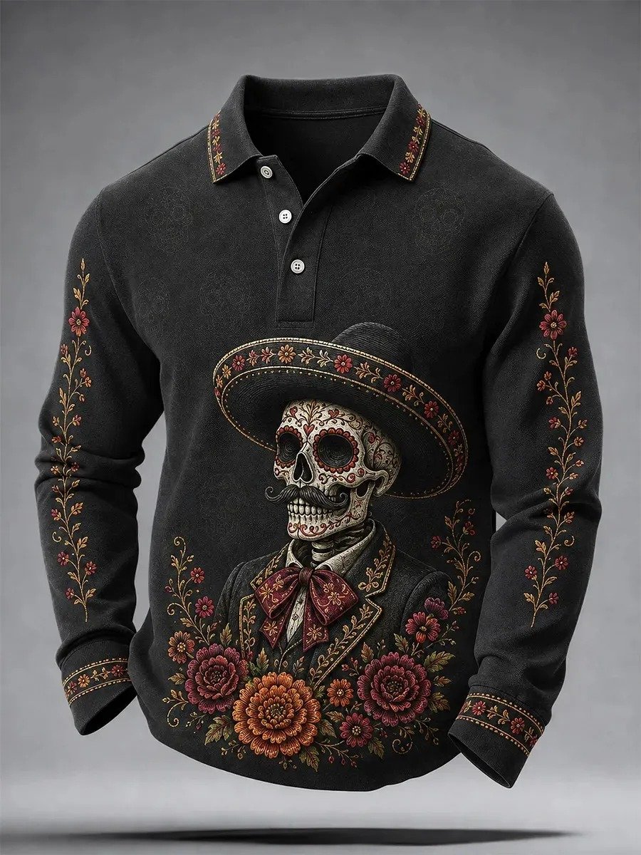 Day Of The Dead Print Long Sleeve Polo Shirt Mexican Heritage Apparel Gift For Brother