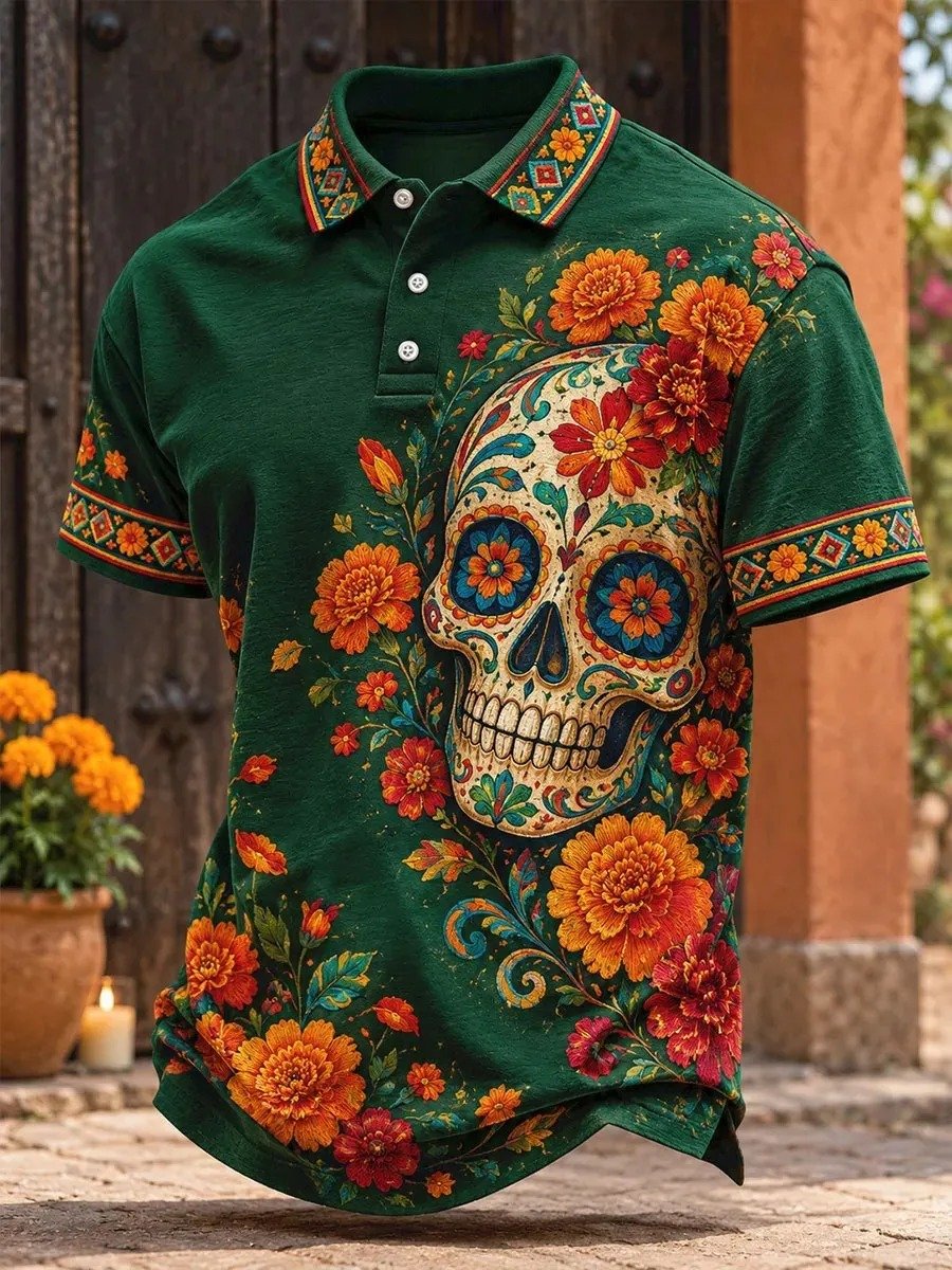 Day Of The Dead Sugar Skull Marigold Floral Polo Shirt Sugar Skull Artwork Clothes