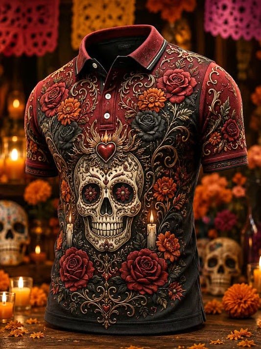 Mexico Day Of The Dead Art Print Casual Polo Shirt Mexican Folk Art Design Clothing