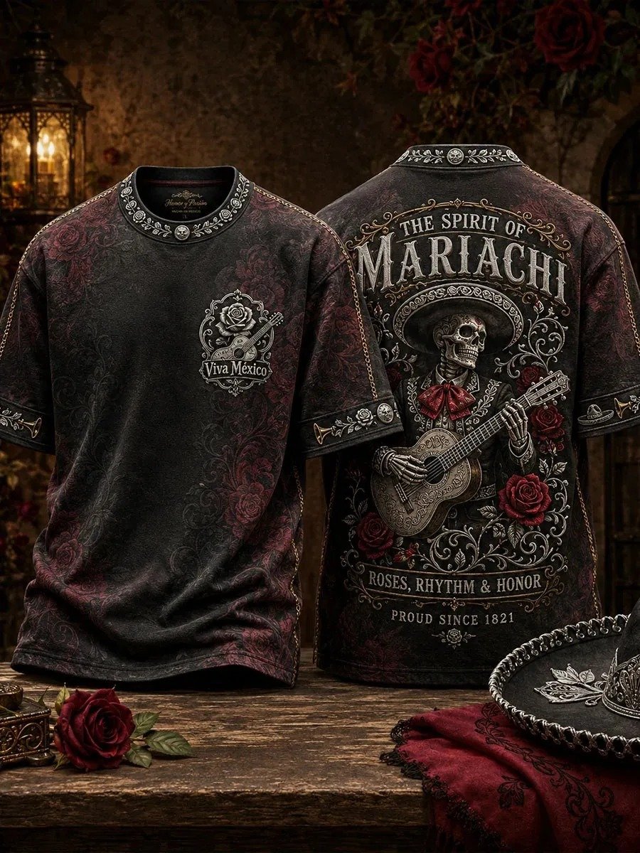 Mariachi Skeleton Guitar Red Rose Scroll Text T-Shirt Mexican Heritage Apparel Him Gift