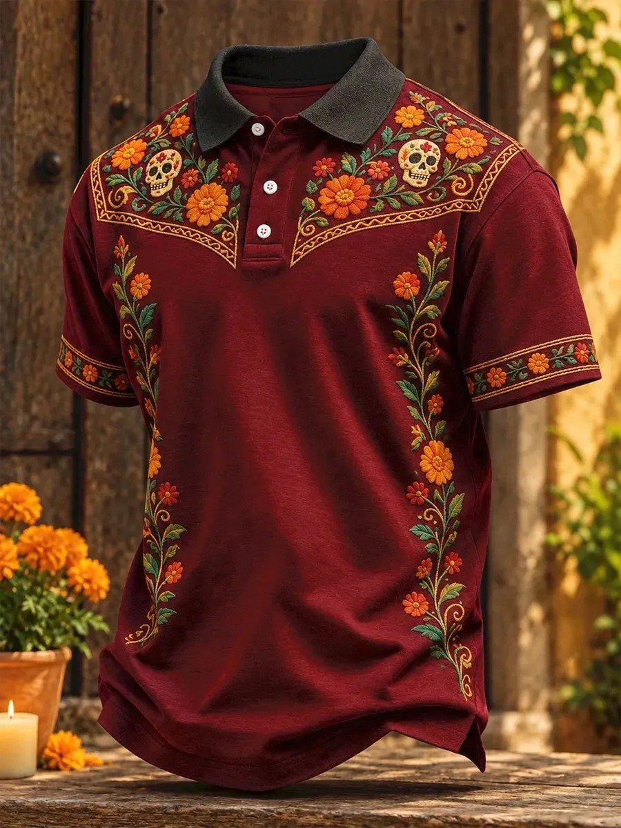 Day Of The Dead Skulls And Marigold Blooms Polo Shirt Dia De Los Muertos Clothing