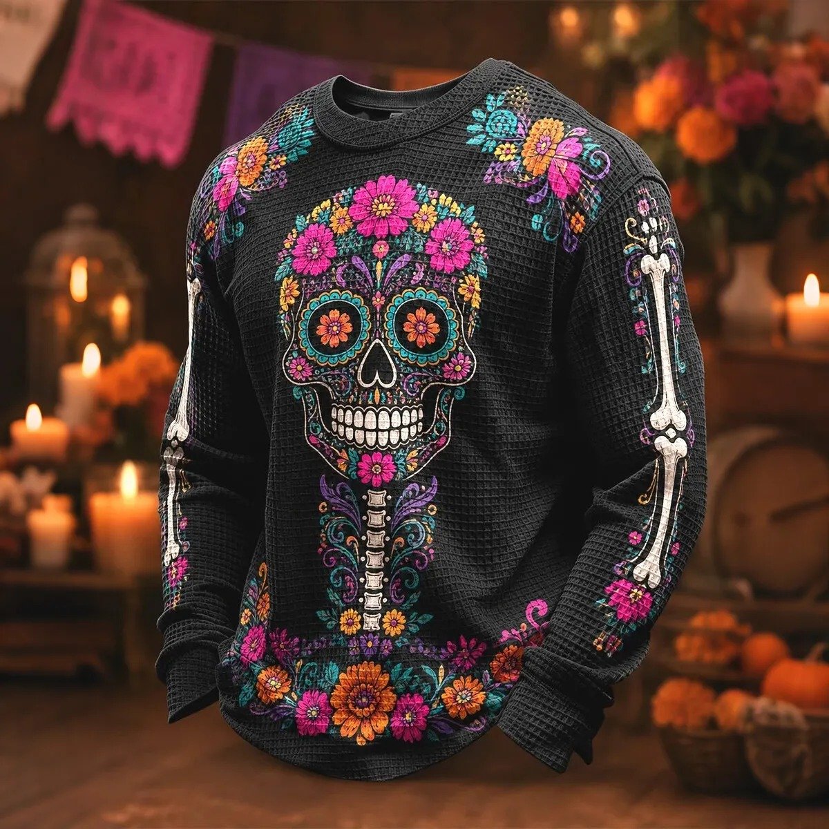 Ornate Skull Adorned With Vibrant Blossoms Long Sleeve Shirt Mexican Holiday Gear