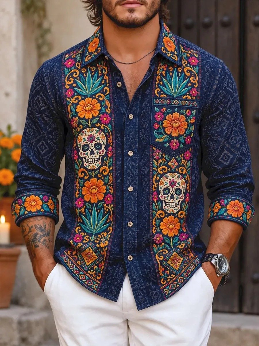 Day Of The Dead Skulls And Floral Button Up Long Sleeve Shirt Mexican Folk Art Clothing