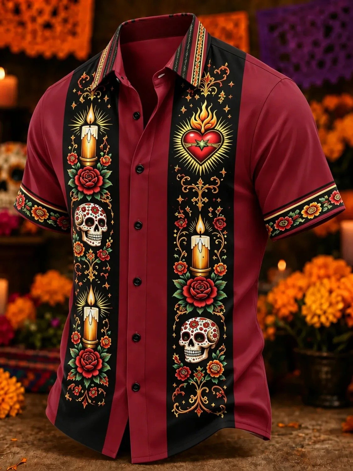 Day Of The Dead Skulls And Burning Candles Hawaiian Shirt Mexican Folk Art Wear