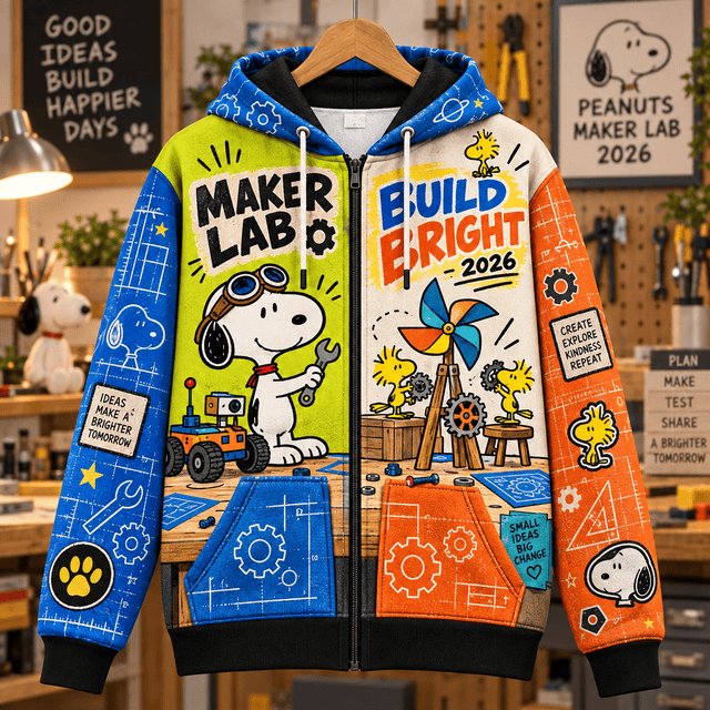 Snoopy Woodstock Build Bright Maker Lab Zip Up Hoodie Holiday Xmas Snoopy Outfit