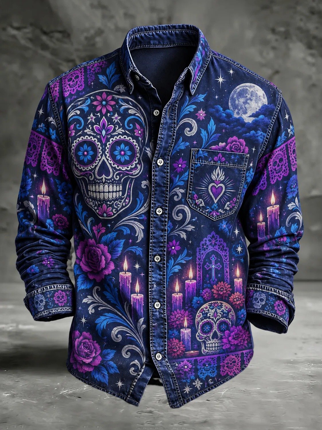 Day Of The Dead Skull And Floral Button Up Long Sleeve Shirt Sugar Skull Artwork Gear