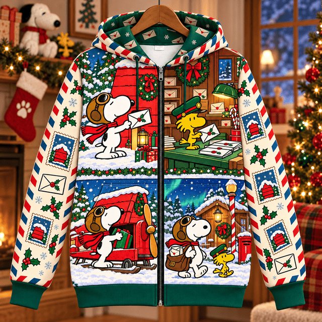 Snoopy North Pole Mail Run Zip Up Hoodie Holiday Christmas Snoopy Apparel Him Gifts