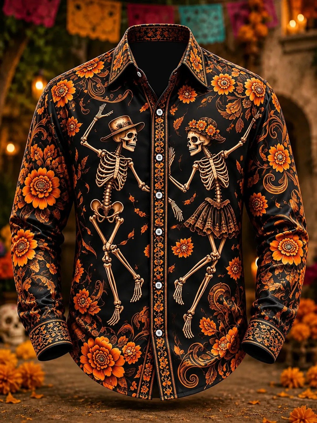 Day Of The Dead Dancing Skeleton Couple Button Up Long Sleeve Shirt Mexican Heritage Gear