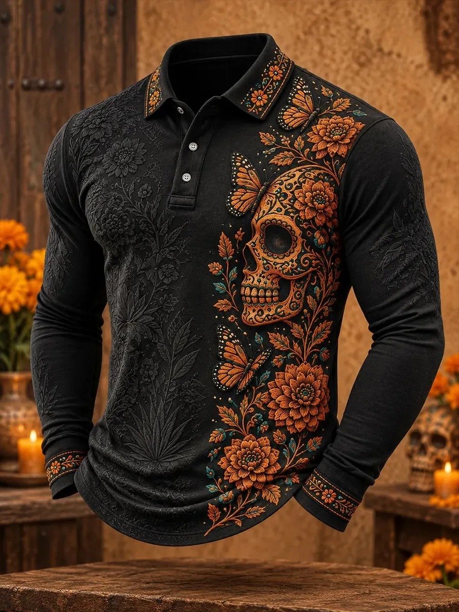 Day Of The Dead Sugar Skull Butterfly Long Sleeve Polo Shirt Sugar Skull Artwork Gear