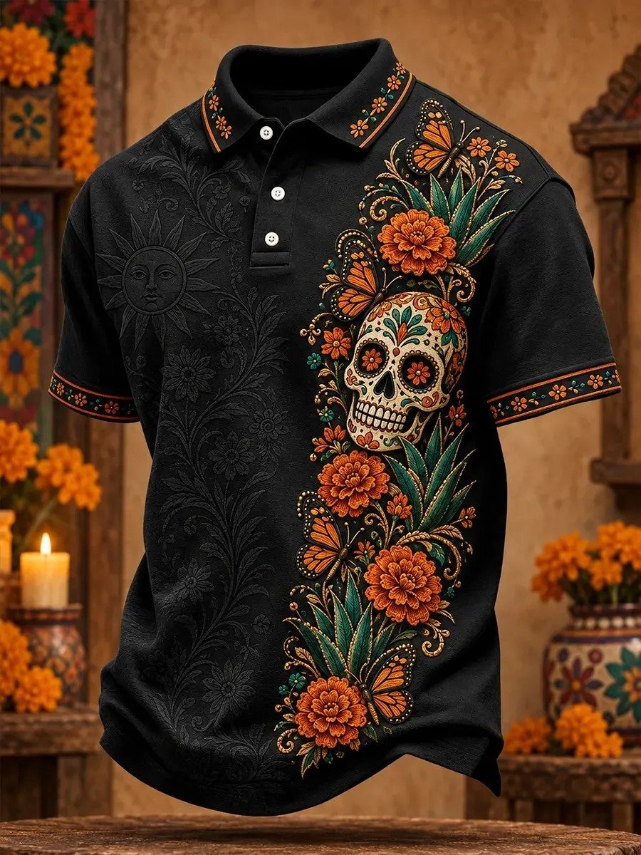 Day Of The Dead Ornate Sugar Skull Polo Shirt Dia De Los Muertos Apparel Dad Gifts
