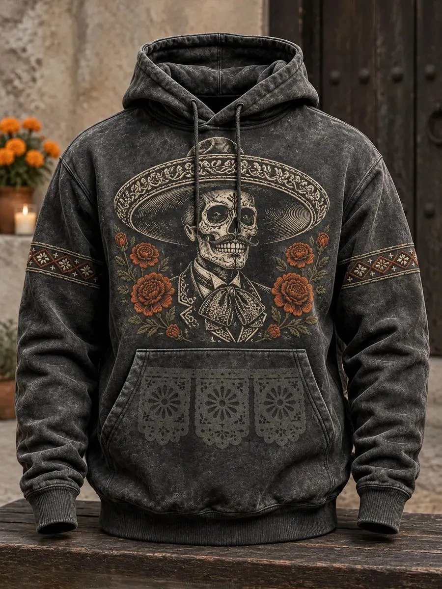 Day Of The Dead Vintage Skull Portrait Blooms Hoodie Sugar Skull Artwork Apparel