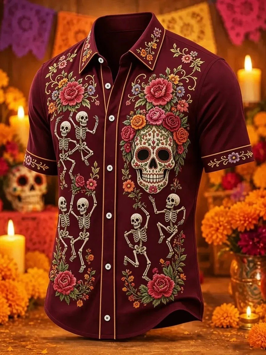 Day Of The Dead Dancing Skeleton Calavera Rose Floral Hawaiian Shirt Sugar Skull Shirt