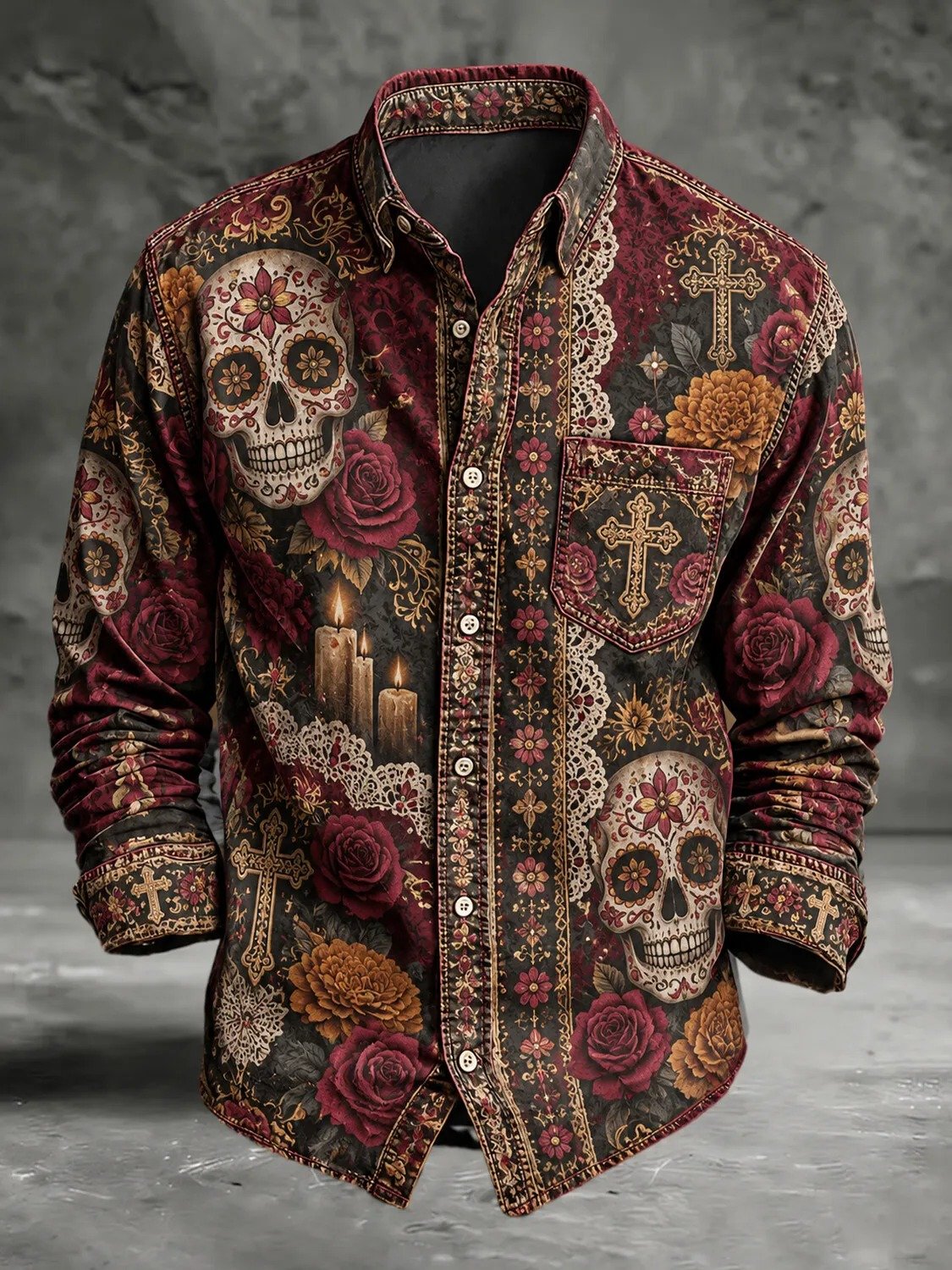 Day Of The Dead Skeleton Crosses Floral Button Up Long Sleeve Shirt Sugar Skull Attire