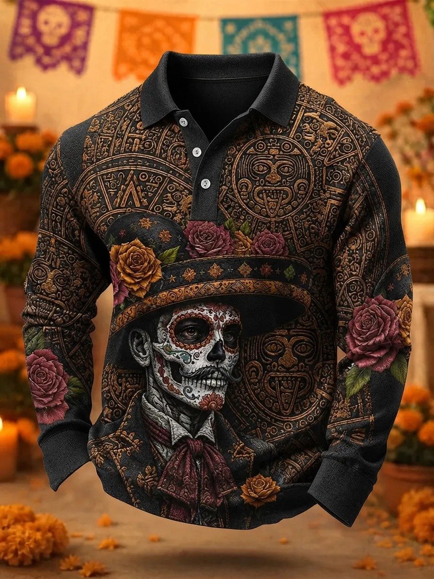 Day Of The Dead Sombrero���Clad Long Sleeve Polo Shirt Dia De Los Muertos Clothing