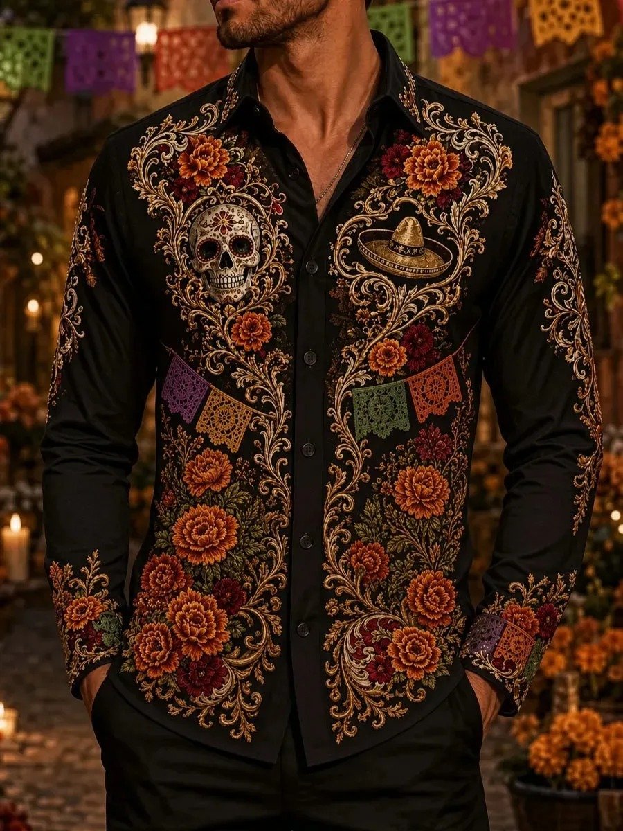 Day Of The Dead Sombrero Scroll Button Up Long Sleeve Shirt Mexican Heritage Apparel